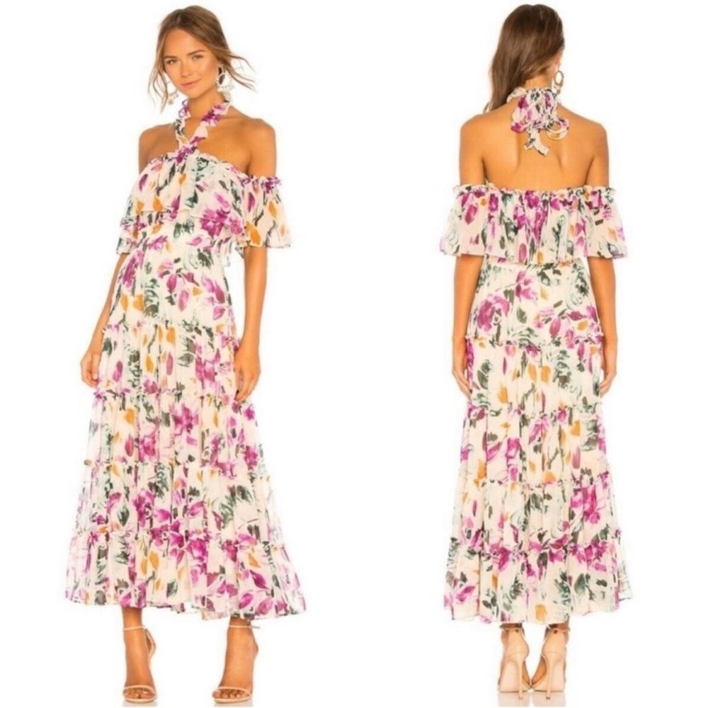 Misa Los Angeles Floral Off-Shoulder Maxi Dress in White, Pink & Green